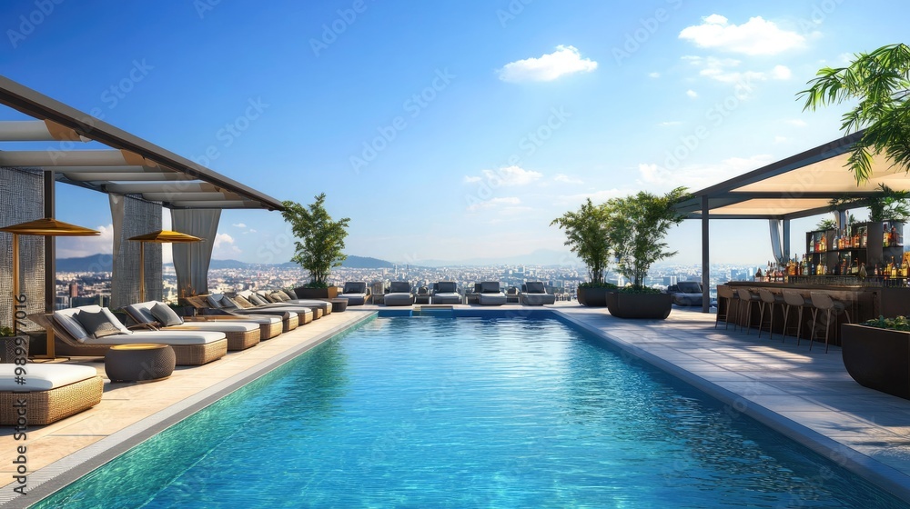 Obraz premium Luxurious rooftop pool area with a poolside bar, shaded loungers, and incredible city views