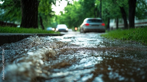 Close-up of water flowing from the street after heavy rain, trees and cars in the background photo