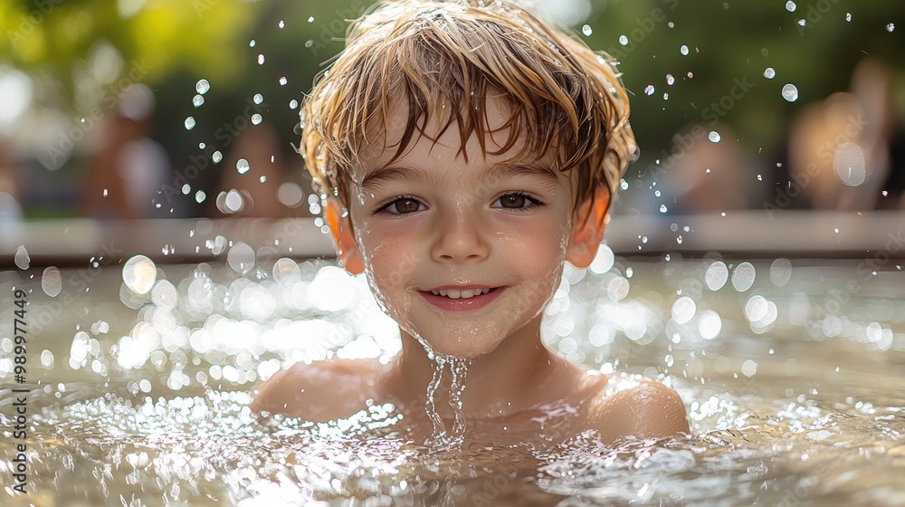 Fototapeta premium Happy Boy Playing in Water Splashing Summer Fun Outdoor Water Activity Child Enjoying Water