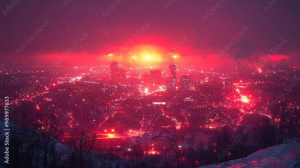 Obraz premium Red Cityscape at Night with Star Trails and Snow