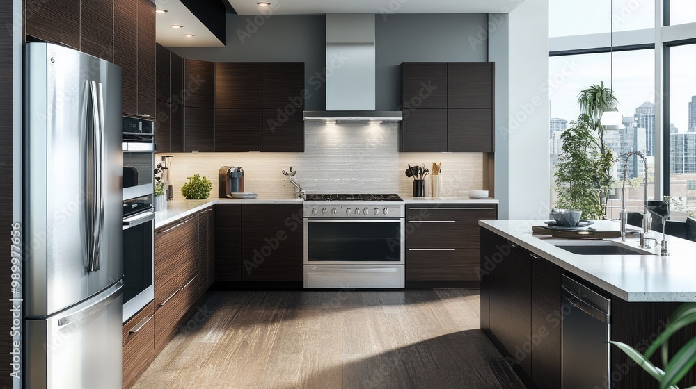 Modern kitchen with high-end appliances, dark wood cabinets, and sleek countertops. Modern kitchen with high-end appliances, dark wood cabinets, and sleek countertops.