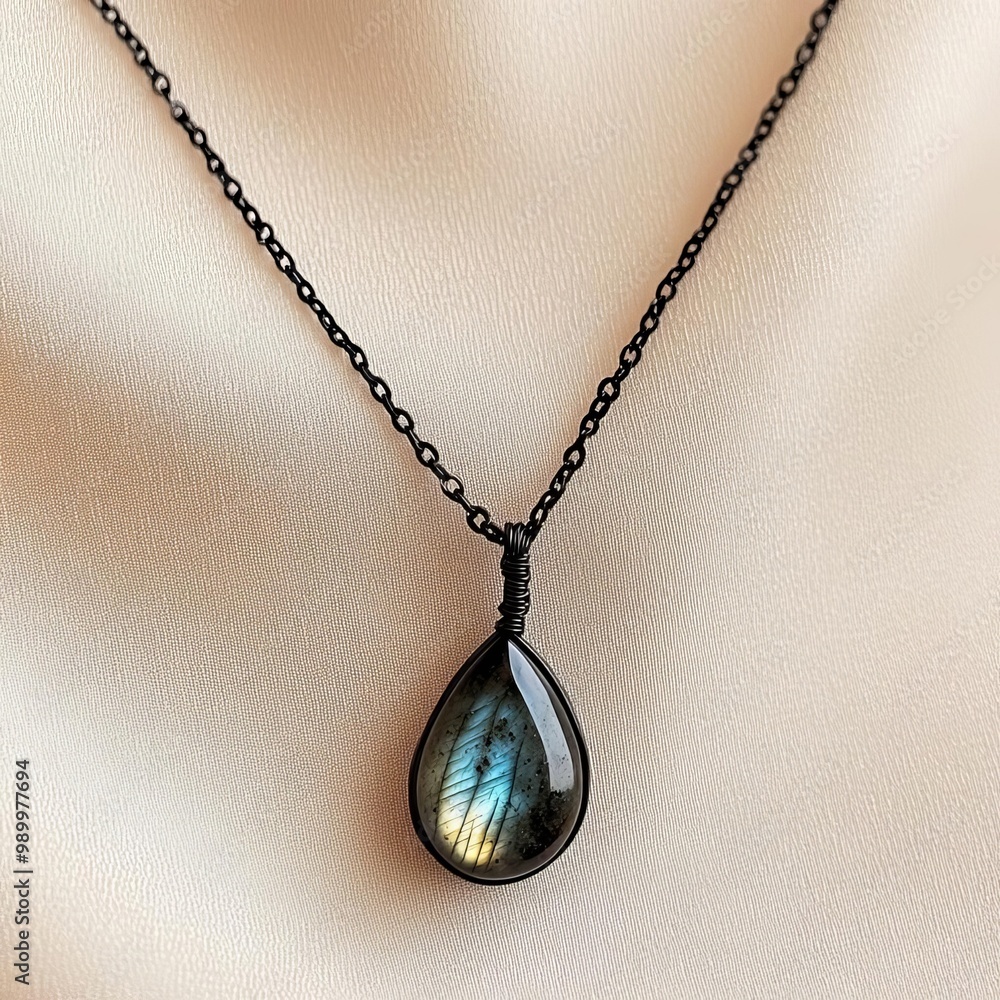 Labradorite teardrop necklace, delicate wire wrapping, handcrafted with iridescent beauty