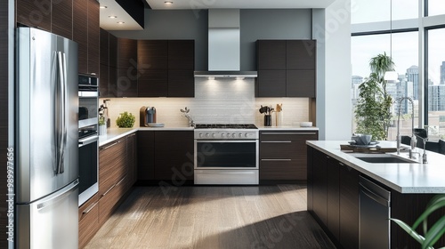 Modern kitchen with high-end appliances, dark wood cabinets, and sleek countertops.