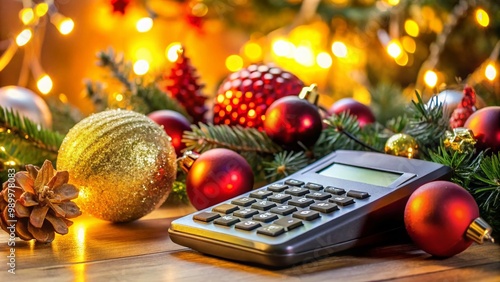 Stress and Worry of Holiday Bills Piling Up with a Calculator and Festive Decorations in View