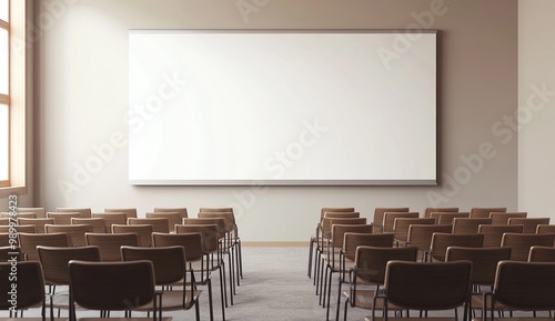 A blank whiteboard in an empty conference room with chairs arranged around it