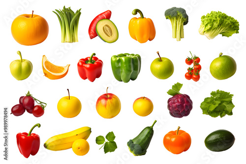 Set of different fresh vegetables and fruits isolated on transparent background	
