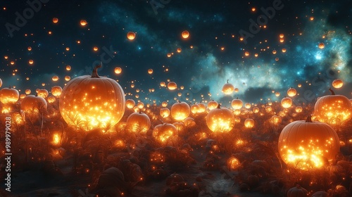 Magical Pumpkin Field with Floating Jack-o’-Lanterns under Starry Sky photo