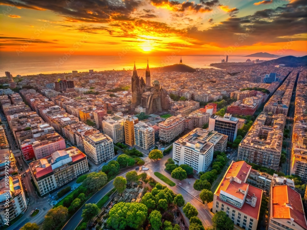 Naklejka premium Stunning Aerial View of Barcelona's Iconic Architecture and Vibrant Cityscape at Sunset