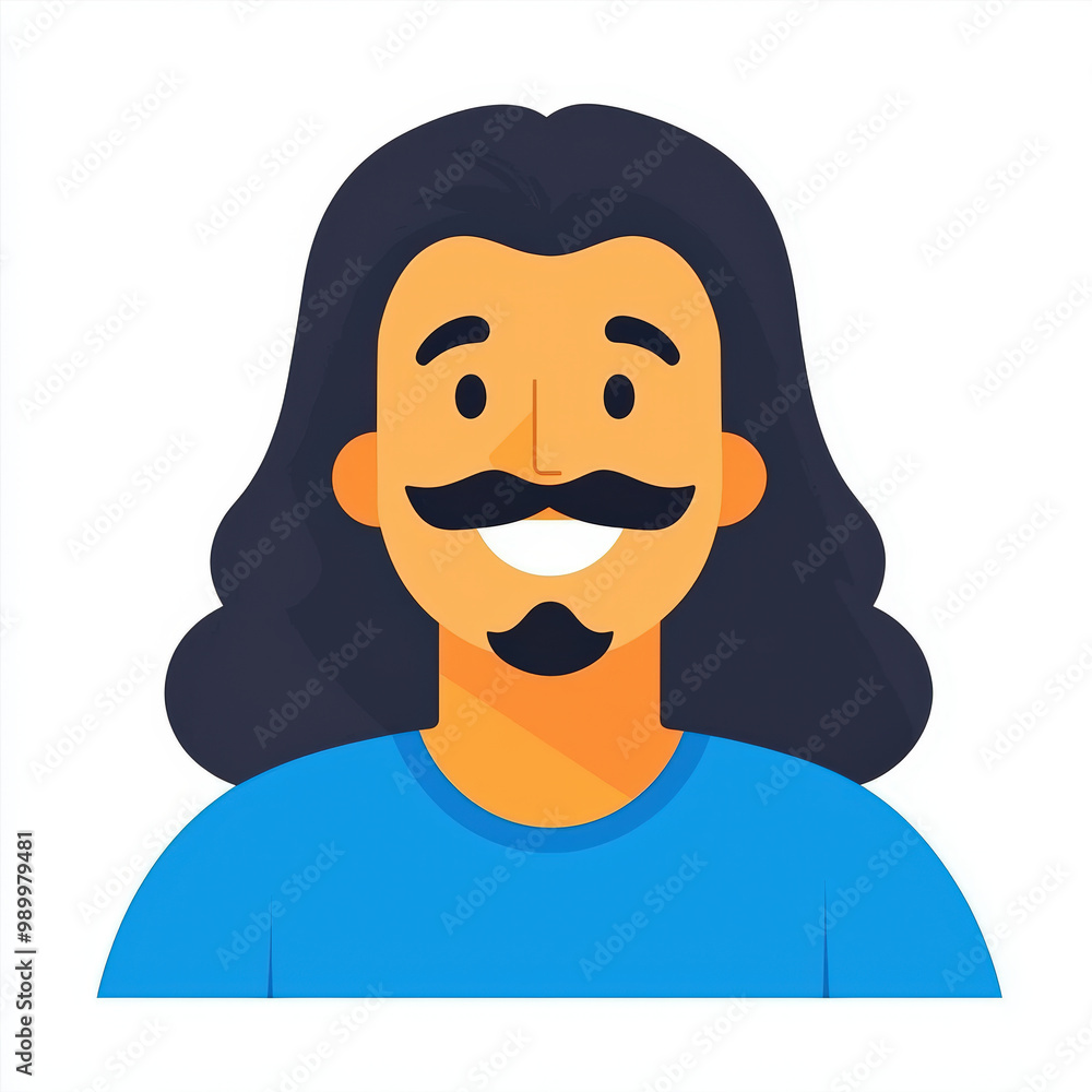 flat vector minimalistic icon of happy man with long hair and mustache, showcasing cheerful expression. This design emphasizes simplicity and positivity flat vector minimalistic icon of happy man with long hair and mustache, showcasing cheerful expression. This design emphasizes simplicity and positivity