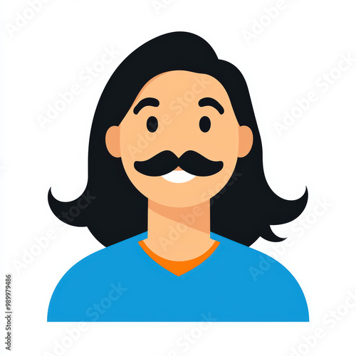 flat vector minimalistic icon of happy man with mustache and long hair, wearing blue shirt. This cheerful illustration conveys friendly and approachable vibe