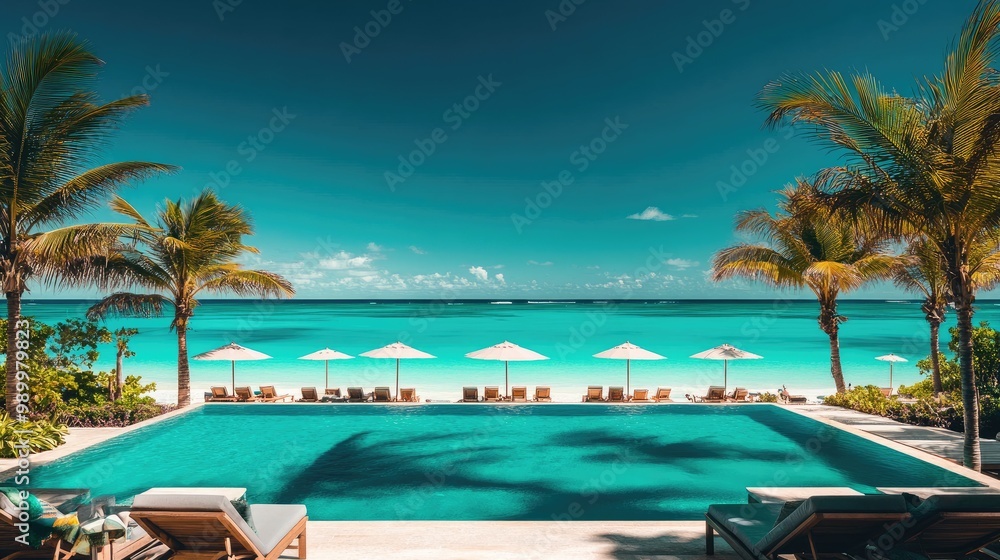 Fototapeta premium Pool area at a beachfront resort, featuring sun loungers, umbrellas, and turquoise waters.