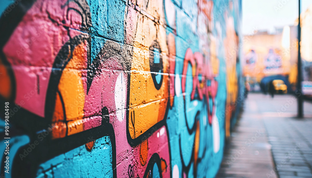 Obraz premium A graffiti-covered urban wall, showcasing vibrant colors, bold lines, and an edgy, artistic vibe