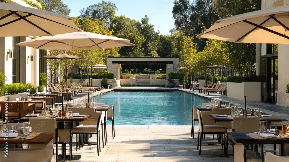 Poolside dining area with tables, umbrellas, and a serene pool in the background. Poolside dining area with tables, umbrellas, and a serene pool in the background.