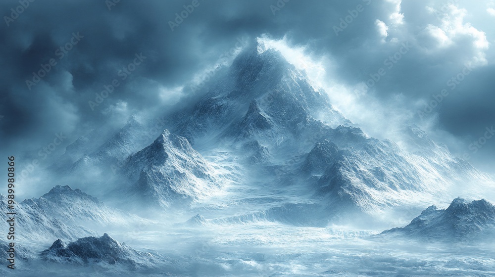 A majestic snow-capped mountain peak rises above a misty, snow-covered landscape, bathed in ethereal sunlight. A majestic snow-capped mountain peak rises above a misty, snow-covered landscape, bathed in ethereal sunlight.
