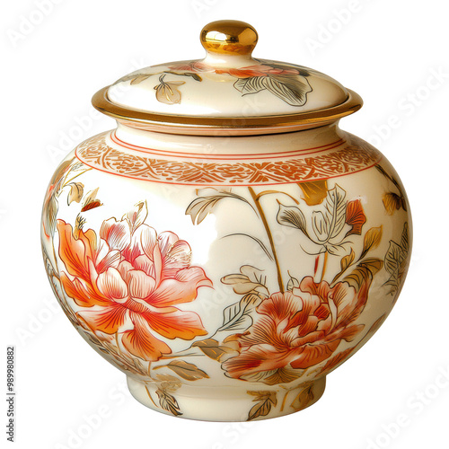 Elegant floral porcelain jar with a lid, isolated on transparent background photo