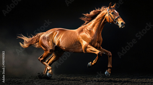 stunning full body shot of horse galloping with grace and power, showcasing its muscular build and flowing mane against dark background. image captures essence of speed and freedom