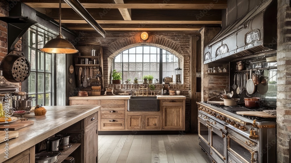 Rustic kitchen with wooden beams, brick accents, and vintage kitchen tools hanging on the walls Rustic kitchen with wooden beams, brick accents, and vintage kitchen tools hanging on the walls