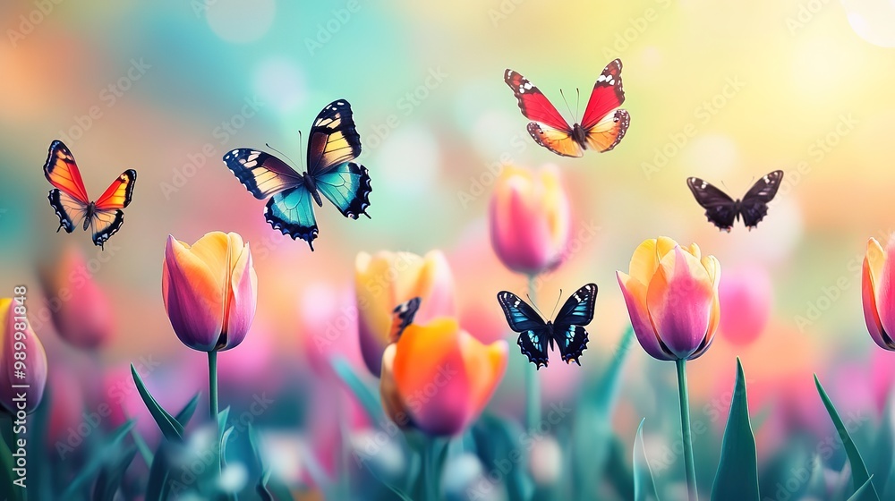 A breathtaking view of a vibrant tulip flower sea in full bloom, showcasing a kaleidoscope of colors under a bright sky. Delicate butterflies dance gracefully among the flowers, A breathtaking view of a vibrant tulip flower sea in full bloom, showcasing a kaleidoscope of colors under a bright sky. Delicate butterflies dance gracefully among the flowers,