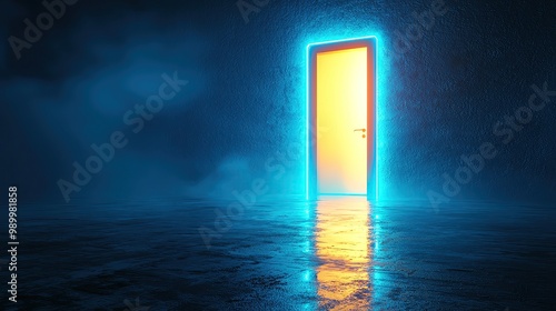 A glowing door opening into a mysterious space, illuminated by vibrant light, creating an intriguing atmosphere. photo