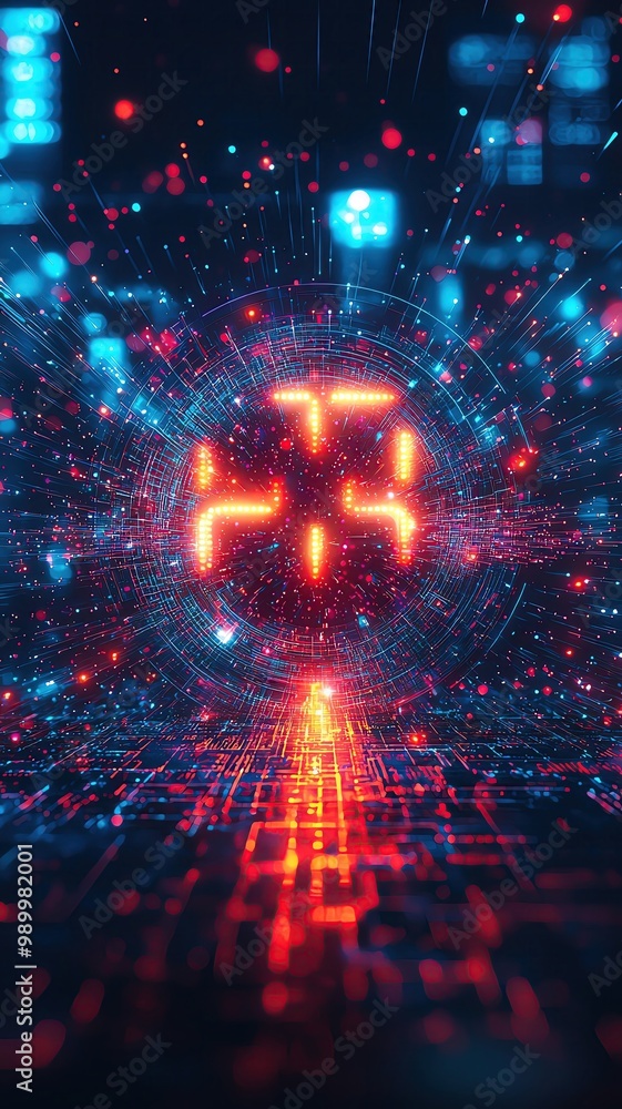 Futuristic digital landscape with vibrant red and blue lights, representing technology and data flow in a dynamic environment. Futuristic digital landscape with vibrant red and blue lights, representing technology and data flow in a dynamic environment.