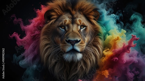 Majestic Lion in Colorful Smoke