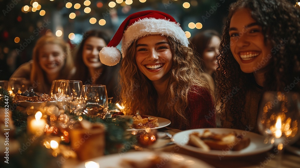 happy friends wearing santa claus hats gathered around the table for a festive christmas dinner party celebrating new year together with joy laughter and holiday spirit in a cheerful reunion happy friends wearing santa claus hats gathered around the table for a festive christmas dinner party celebrating new year together with joy laughter and holiday spirit in a cheerful reunion