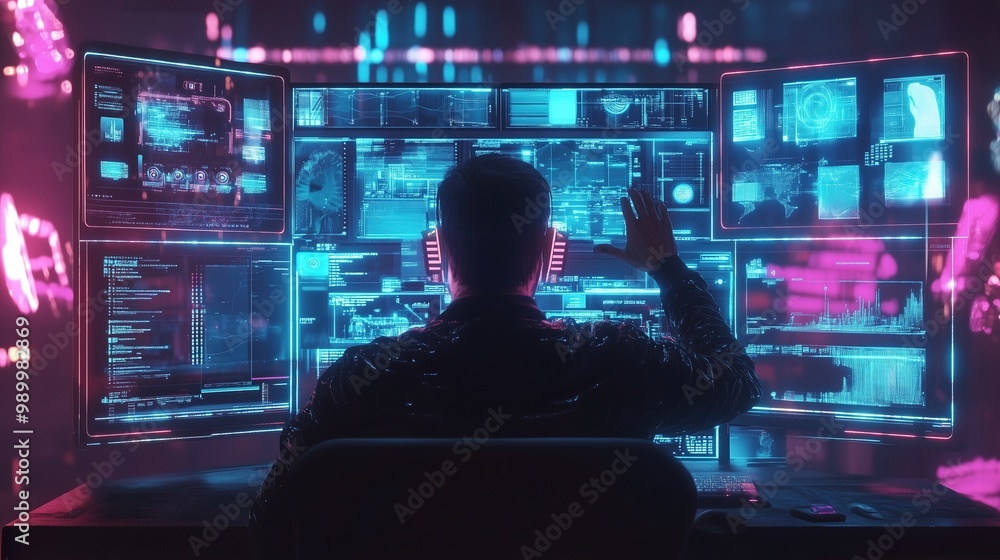 Cyberpunk Coder Working in a Neon-Lit Multi-Screen Setup Cyberpunk Coder Working in a Neon-Lit Multi-Screen Setup