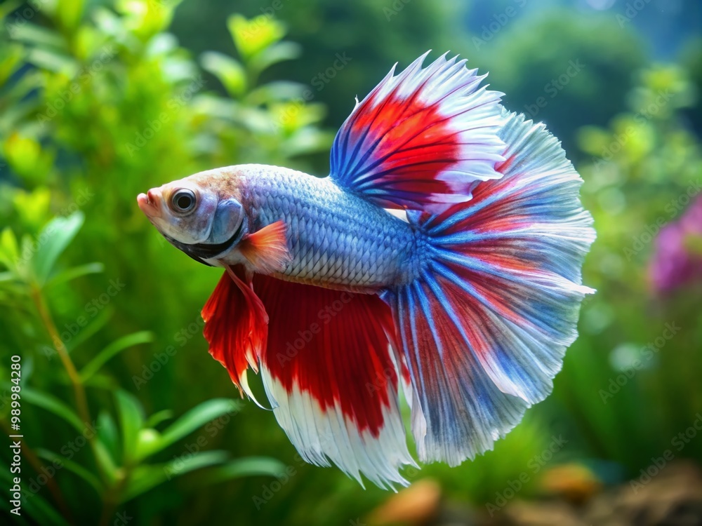 Stunning Half Moon Betta Fish with White Fins Swimming Gracefully in Clear Aquatic Environment Stunning Half Moon Betta Fish with White Fins Swimming Gracefully in Clear Aquatic Environment