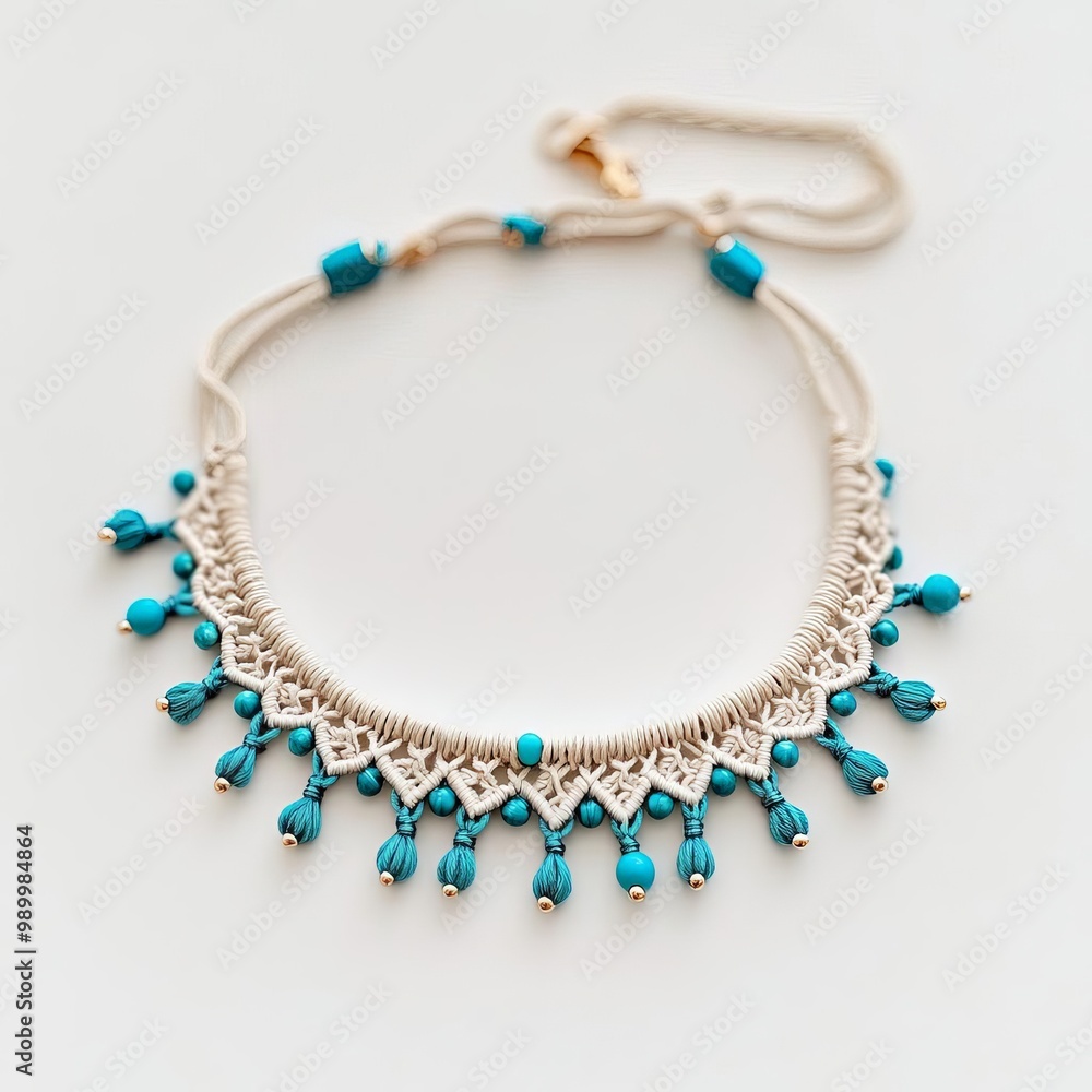 Woven macrame choker, turquoise accents, handcrafted for a free-spirited look