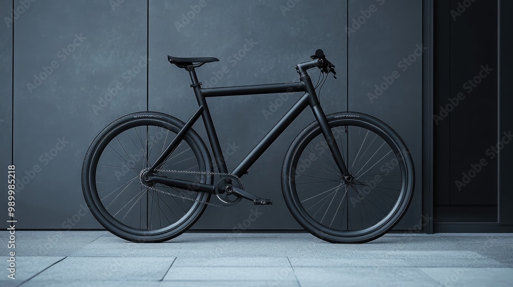 Sleek modern bicycle with smooth lines and a matte black finish, parked against a minimalist backdrop. Sleek modern bicycle with smooth lines and a matte black finish, parked against a minimalist backdrop.