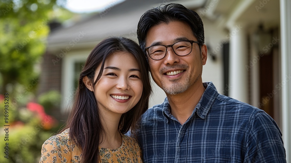 happy asian american couple standing proudly outside their newly purchased home radiating confidence and approachability as they get ready to move in and start their new chapter in their own house happy asian american couple standing proudly outside their newly purchased home radiating confidence and approachability as they get ready to move in and start their new chapter in their own house
