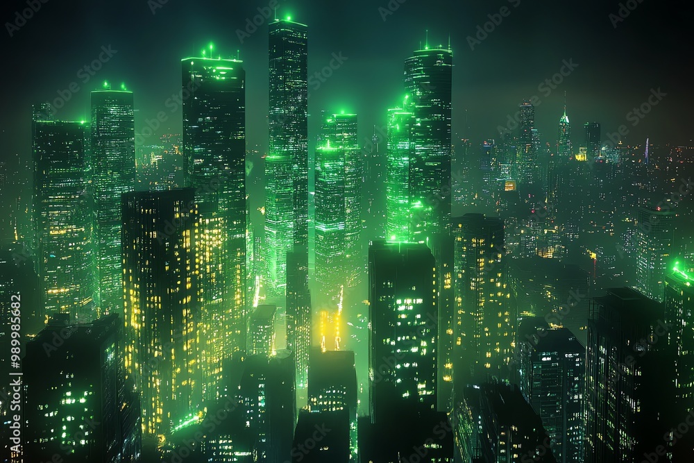 Night city skyline with tall skyscrapers illuminated by green lights. Night city skyline with tall skyscrapers illuminated by green lights.