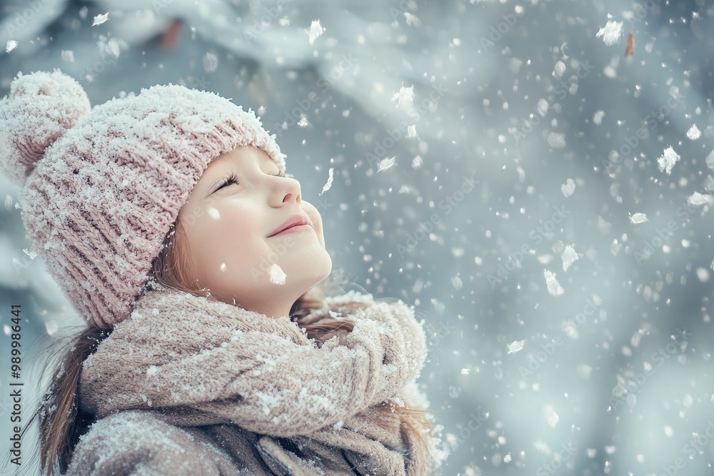 Young girl in pink hat and scarf looking up at falling snow Young girl in pink hat and scarf looking up at falling snow