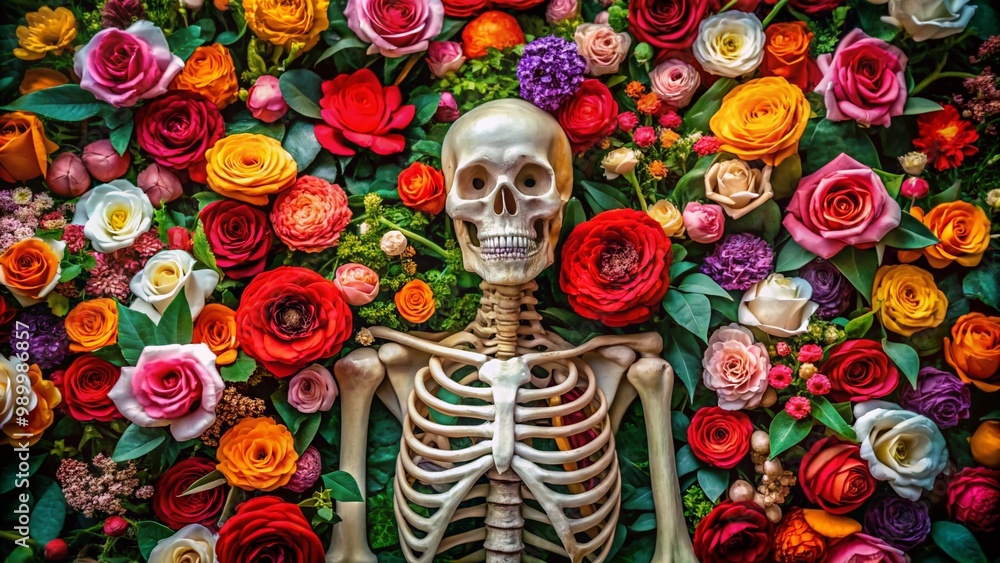 Fototapeta premium Stunning Skeleton Surrounded by Elegant Roses Symbolizing Life, Death, and Eternal Beauty in Nature