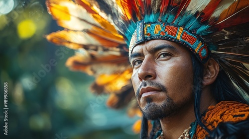 portrait of a man in traditional aztec warrior attire dressed as moctezuma the general featuring a feathered headdress and ceremonial armor symbolizing the powerful leadership of the aztec empire