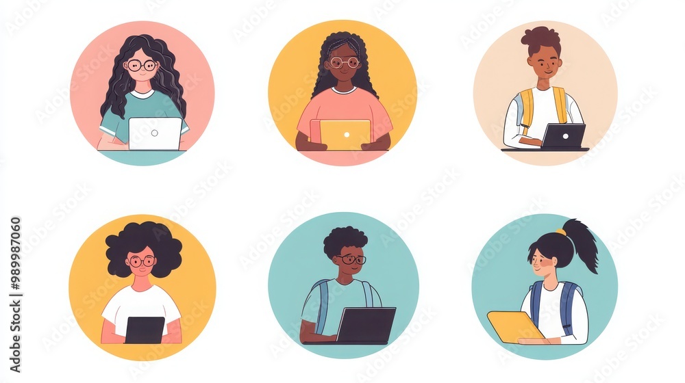 a set of illustrated avatars in circular frames, showcasing a variety of students studying in different settings. One student wears glasses and a button-up shirt a set of illustrated avatars in circular frames, showcasing a variety of students studying in different settings. One student wears glasses and a button-up shirt
