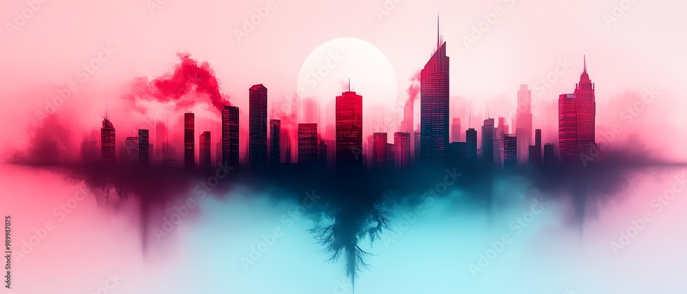 Abstract Cityscape with Red and Blue Fog Modern Architecture Silhouette Abstract Cityscape with Red and Blue Fog Modern Architecture Silhouette