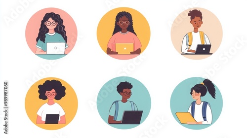 a set of illustrated avatars in circular frames, showcasing a variety of students studying in different settings. One student wears glasses and a button-up shirt