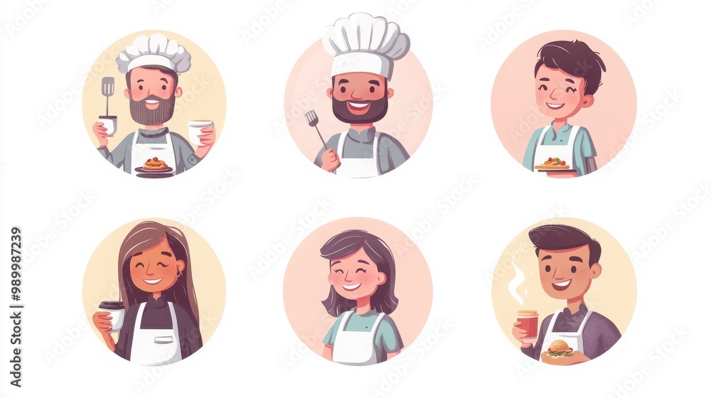 a set of illustrated avatars in circular frames showcasing diverse chefs and customers. One chef wears a traditional chef hat and holds a spatula, a customer has shoulder-length hair