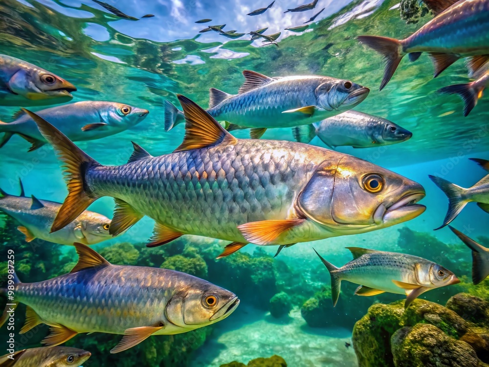 Naklejka premium Stunning Tarpon Fish Underwater in Tropical Waters, Showcasing their Graceful Movement and Beauty