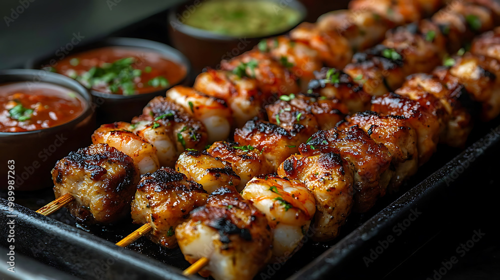 A selection of grilled skewers, including shrimp, chicken, and beef, served with spicy dips