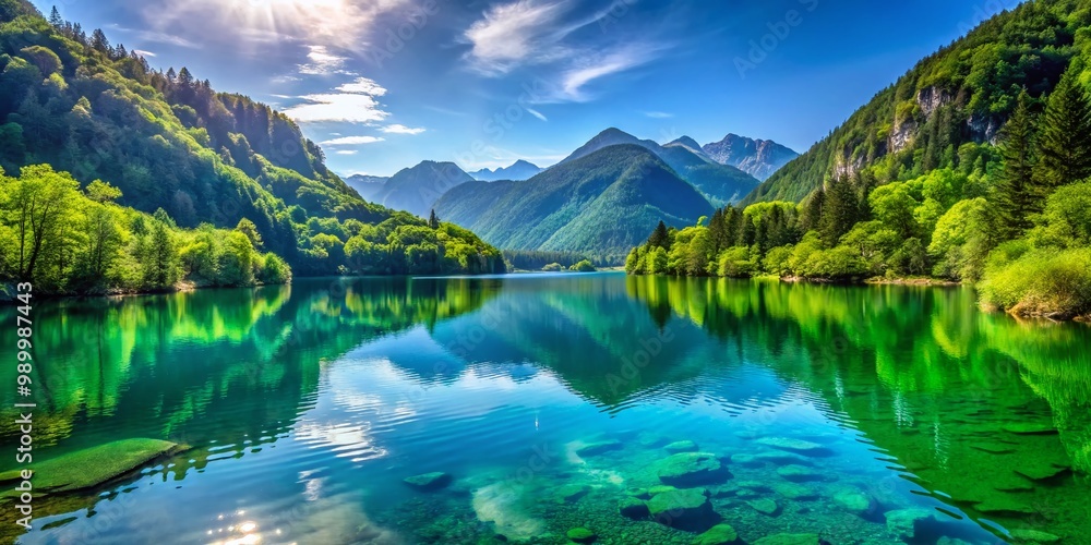 Stunning view of a tranquil lake surrounded by lush green mountains under a clear blue sky Stunning view of a tranquil lake surrounded by lush green mountains under a clear blue sky