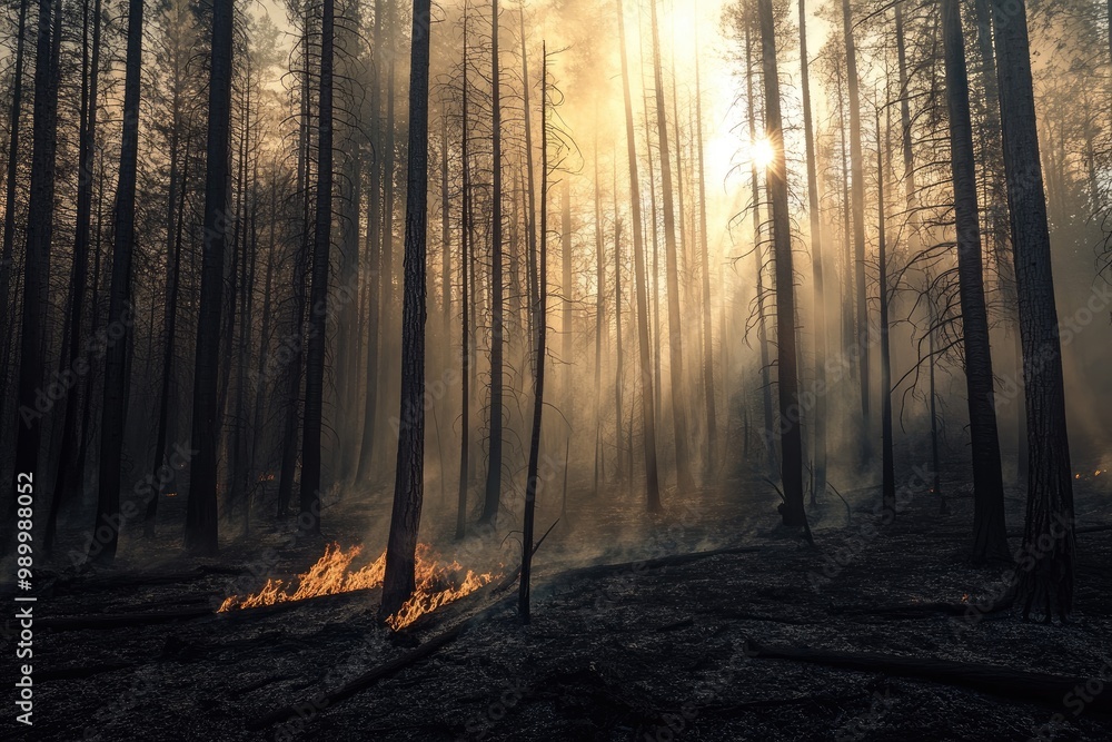 Obraz premium A Sunlit Forest Floor with Burning Embers and Smoke