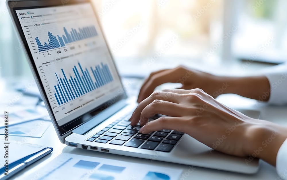 Close-Up of Hands Typing on Laptop with Competitor Analysis Charts Close-Up of Hands Typing on Laptop with Competitor Analysis Charts