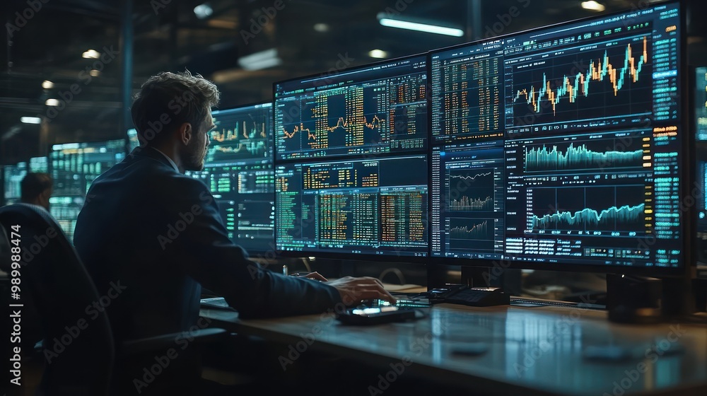 Man analyzing data on computer screens Man analyzing data on computer screens