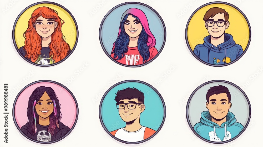 a set of avatars showing students from various backgrounds in circular frames. One student has long wavy hair and is wearing a graphic t-shirt, another wears a traditional uniform a set of avatars showing students from various backgrounds in circular frames. One student has long wavy hair and is wearing a graphic t-shirt, another wears a traditional uniform
