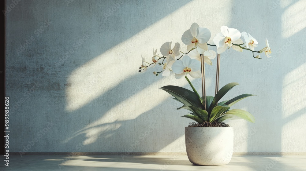 Fototapeta premium A beautiful orchid arrangement displayed in a minimalist room with natural light.