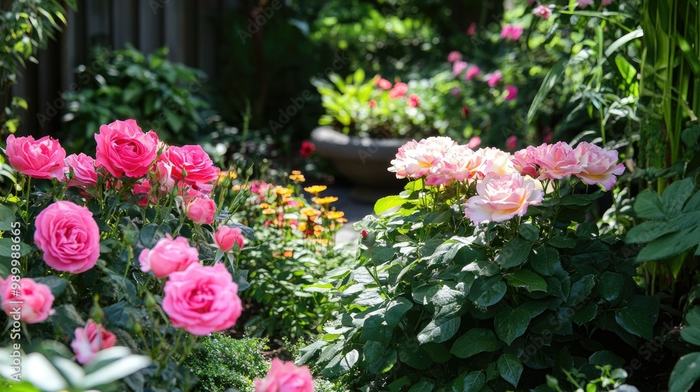 A beautiful rose arrangement in a garden setting, surrounded by greenery and blooming flowers. A beautiful rose arrangement in a garden setting, surrounded by greenery and blooming flowers.