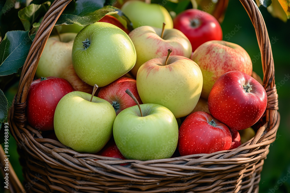 A basket filled with different varieties of apples, showcasing the rich diversity and vibrant colors of nature's bounty A basket filled with different varieties of apples, showcasing the rich diversity and vibrant colors of nature's bounty