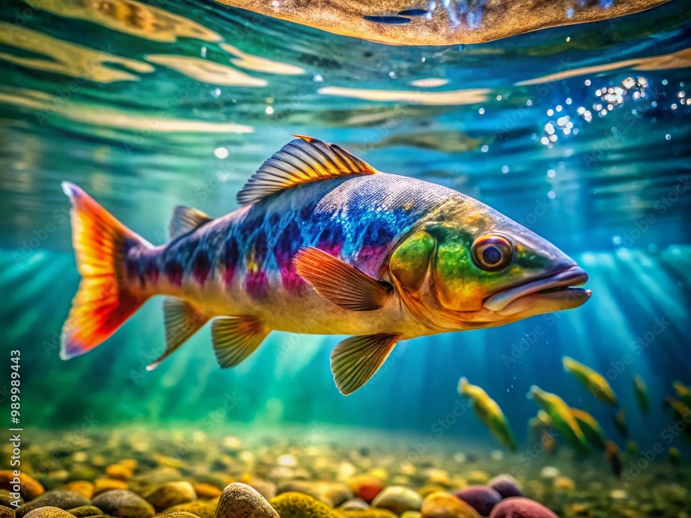 Naklejka premium Sutchi Fish Swimming in Clear Water with Natural Habitat, Freshwater Aquatic Life Underwater Scene